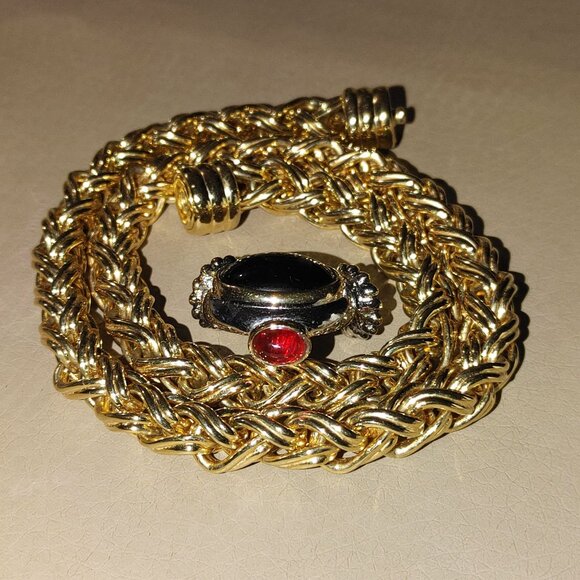 Joseph Esposito Snap Woven Chain Necklace Detachable Pendant Gold Tone Black Red - Picture 2 of 16